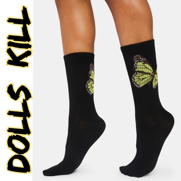 Dolls Kill Accessories - Dolls Kill Fluttering Butterfly Crew Socks - Black